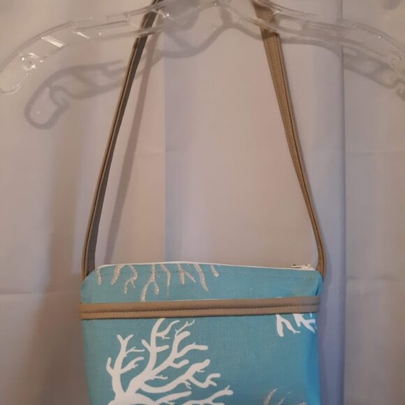 New Artsy Tree Branches Canvas & Vinyl Purse Shoulder bag Aqua Tan White coastal - Picture 5 of 11